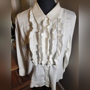 WHITE FASHION BUG RUFFLE TUXEDO BLOUSE